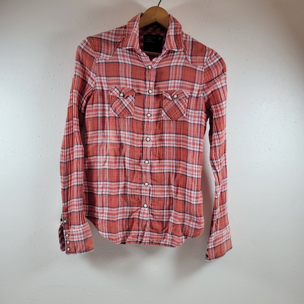 American Eagle Plaid Western Shirt Womens 4 Orange Excellent Snap Button Cotton
